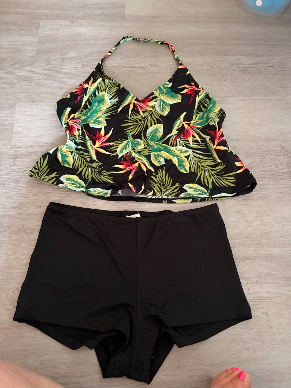 Catalina Black Tropical Print Tankini with Black Swim Shorts